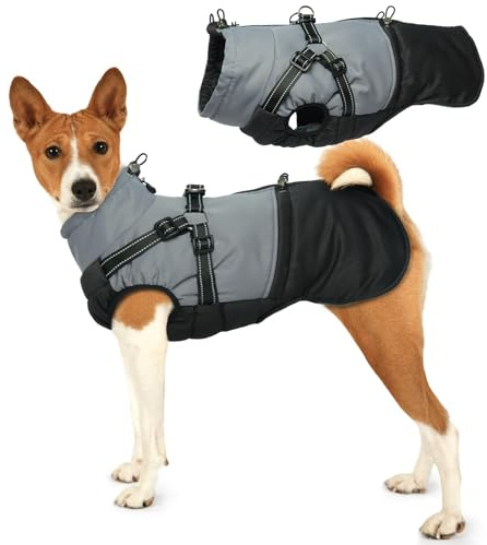 Hjumarayan Dog Coat with Harness, Underbelly Coats with Back Zip Reflective Jacket Winter Fleece, Water Resistant and Warm Clothes for Small Dogs, Black M