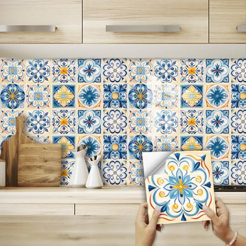 Fliesenaufkleber 15X15 CM Gelbe Blaue Blüten Klebefliesen Küchenrückwand Folie Selbstklebende Fliesen Fliesenaufkleber Küche Badezimmer Fliesenfolie Vinyl Selbstklebend Wasserdicht(10PCS)