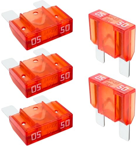 50A KFZ Maxi Sicherungen 5 Stück | 29mm Stecksicherungen für 5V 12V 24V 32V | Große Sicherungen für Boot, Motorrad, Wohnmobil & Roller | Autosicherungen als Flachsicherungen Ersatzsicherungen Satz - Rot