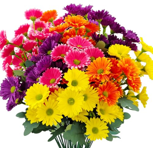 Mutcolor 8 Bundles Artificial Silk Daisy Flower Fake Outdoor Bouquet Artificial Bulk Bouquet UV Protection for Garden Front Porch Planter Home Indoor Table Top Vase Decoration (Multi-Color)