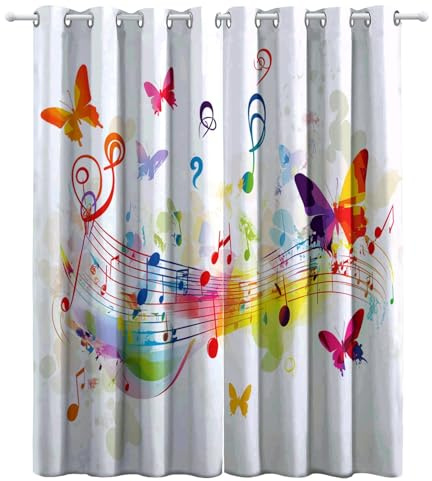 CozyRest Kinder Vorhänge Bunte Musiknoten und Schmetterlinge Ösen Gardinen mit Blickdichte Thermo Vorhang Kälteschutz Blackout Curtain Kinderzimmer Schlafzimmer Musikthema Ösenvorhang H 160 x B 70 cm