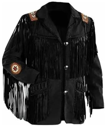 Rumble Products traditionell cowboy western jacka för män | indianmocka läder | stil med pärlor och fransar jacka, Svart, 3XL