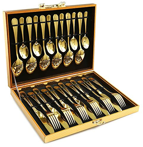 Guldsilverset, 24-delat guldsmidda bestickset i rostfritt stål, service av 6(Gold-luxurious,24-Piece for 6)