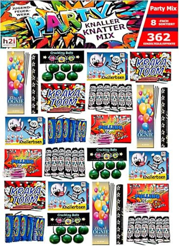 h2i Knaller Knatter Premium Mix l 362 Teile | 8‑Fach Sortiert & handverlesen | Partyspaß für Klein & Groß | Für Silvester, Halloween & Partys | Jugendfeuerwerk | Ganzjahresfeuerwerk Kat. F1