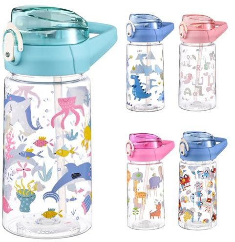 PLUSHCEWT Kinder Trinkflasche 500 ml/17,6 oz Kinder Wasserflasche mit Strohhalm Auslaufsichere für Kleinkinder für die Schule Secure Lock Kinderflasche BPA frei Sport Flasche für Mädchen Jungen (C)