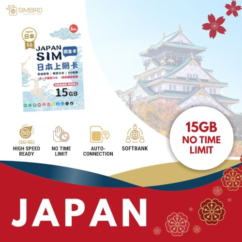 Förbetalt SIM-kort i Japan (15 GB) 5G hög hastighet | redo för flera resor | Ingen tidsgräns | 3-i-1 SIM | Automatisk aktivering | Hotspot WiFi-delning | Business Travel Ready | SoftBank Network