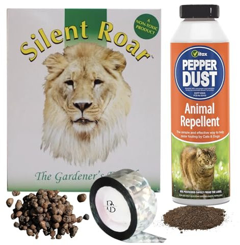 Cat Deterrent For Gardens UK Bundle - Silent Roar Cat Repellent, Vitax Pepper Dust & 50m Reflective Tape - Stop Cats Pooping in Garden. The Effective Cat Poo Deterrent Garden Solution