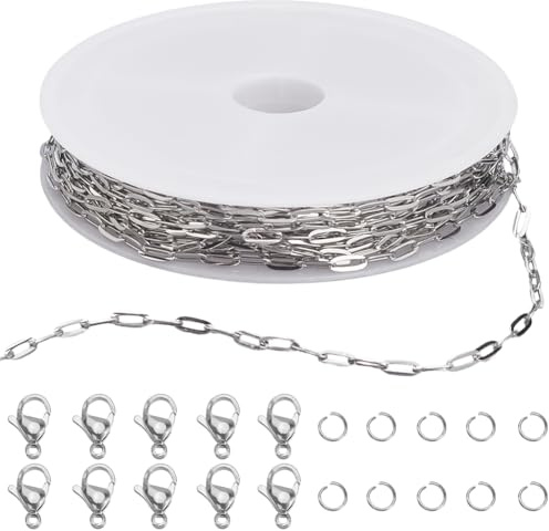 SUNNYCLUE 1 Roll 16.4 Feet/5M 6mm Paper Clip Chain Roll Silver Paperclip Chains Bulk Metal Stainless Steel Jump Ring Lobster Claw Cable Link Charms for Jewellery Making Charms Crafts Necklaces
