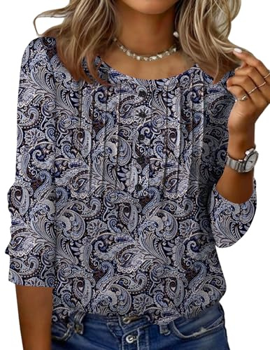 Zeagoo Ladies 3/4 Length Sleeve Tops Boho Tops Three Quarter Sleeve For Women's Top Loose Crew Neck Loose Fit T-Shirt Fashion Casual Tunic Shirt