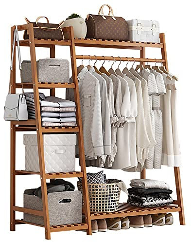 Freistehende Standgarderobe mit Spiegel, Kleiderständer, Garderobenständer aus Bambus, freistehende Garderobe mit Ablage, offenes Kleiderschranksystem mit Kleiderstange, offener Kleiderständ