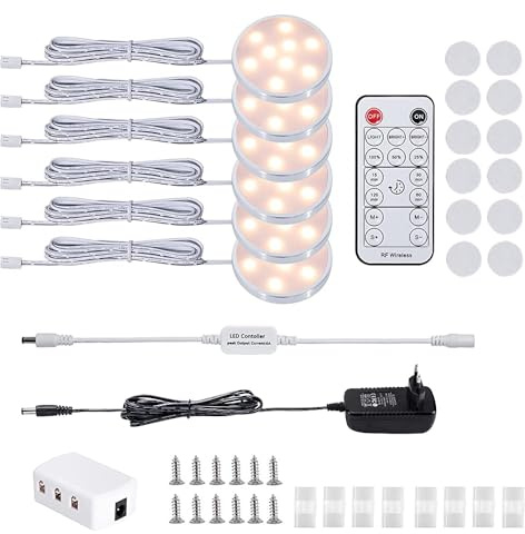 LABOREDUCER Unterbauleuchte Küche LED 6 Stück 12V mit Fernbedienung | Dimmbare LED Schrankbeleuchtung mit Stecker und Schalter, Vitrinenbeleuchtung für Küche, Vitrine, Regal und Möbel