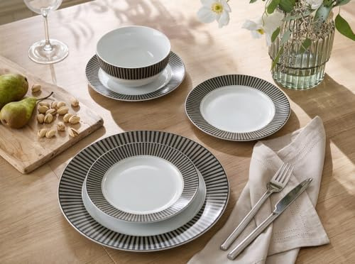 Waterside 12pc Black & Grey Stripe Porcelain Dinner Set | 4 Dinner Plates, 4 Side Plates, 4 Deep Bowls, Dishwasher Safe, Microwave Safe