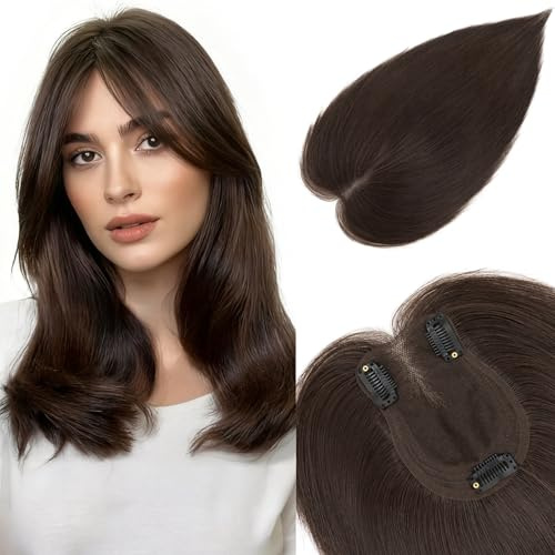MY-LADY Echthaar Topper Damen Mittelscheitel, Clip In Haar Topper Dunkel Braun Pony Haarteil Formt Gesicht 9x12cm Netzbasis(35g)