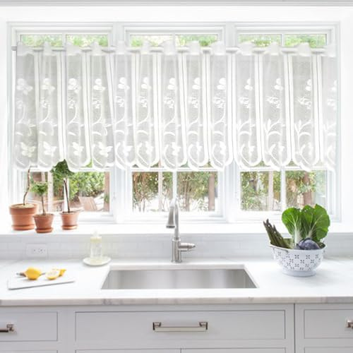 Transluzent Gardinen Kurz, 130 X 45 cm Scheibengardinen Blickdicht, Weißer Cafés Halbe Gardinen Fenster, Schmetterlings-Blumenmuster Bistrogardine, Vintage-Wohnzimmer Scheibengardinen Landhausstil