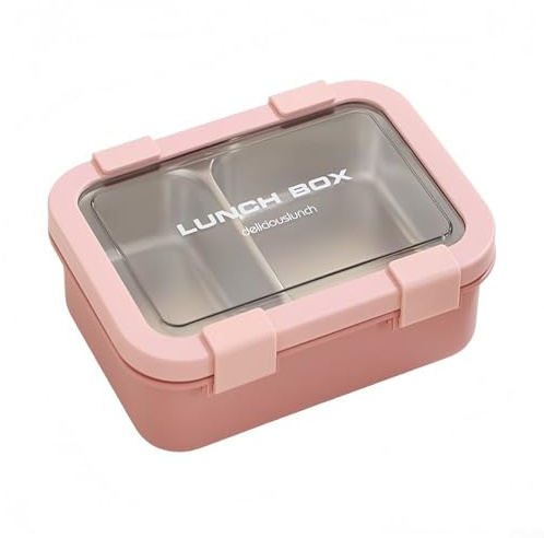 Lonchera de acero inoxidable, 2 compartimentos, reutilizable, para adultos y niños (rosa)