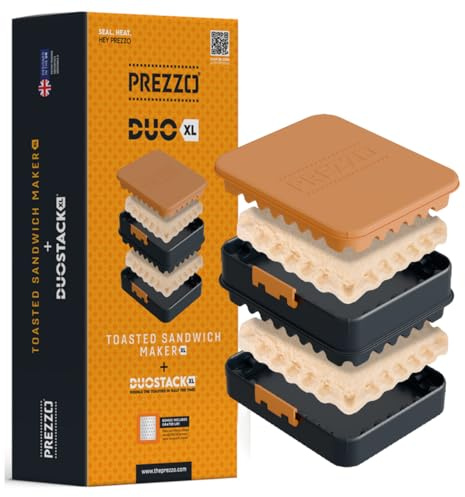 PREZZO DUO XL Toastie Maker for Standard Bread - Sandwich Crimper & DuoStack | Enjoy Healthy Toasted Snacks in Minutes - Simply Crimp, Heat, Eat it! Seals 2 Toasties at Once - Plus Grater Lid