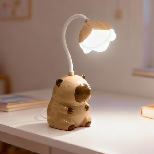 Wxeadu Lampada Cameretta Bambino, 2-in-1 Capibara Lampada da Scrivania Senza Fili con Temperino, Luci LED Senza Filo Ricaricabile USB, 2 Livelli Luminosità, Luce Notturna per Lettura e Studio
