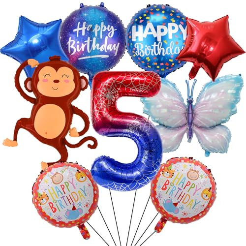 Cartoon Aluminiumfolie Ballon Geburtstags dekoration, 5 Jahr Jungen Geburtstagsdekoration, 9 Stück Kinder geburtstag Luftballon Deko Set Enthält Runden, Fünfzackiger Stern, Menschlicher Ballon
