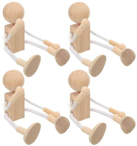 BELLIFFY 4 Stück Selbstgemacht Holzpuppen Roboterfigur aus Hartholz zum Bemalen Pädagogisches Bastelspielzeug mit Flexibler Haltung