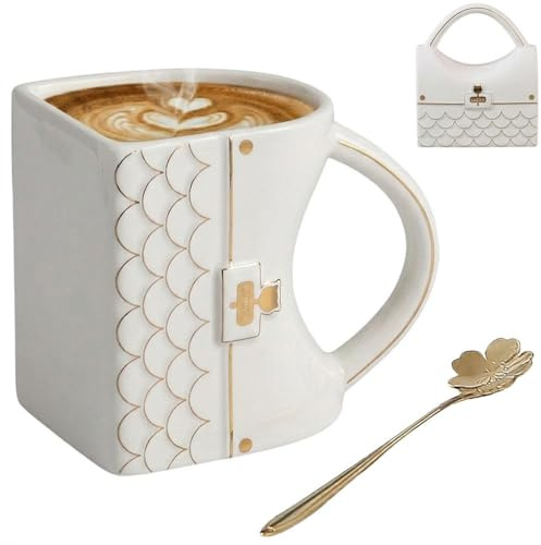 Culcenor Kreative Kaffeetasse in Handtaschen-Form, Keramik Becher im 3D-Design, Ästhetische Teetasse mit Gold-Henkel für Büro & Schreibtisch, Lustiges Geschenk für Frauen, Freundin, Mutter (Weiß)