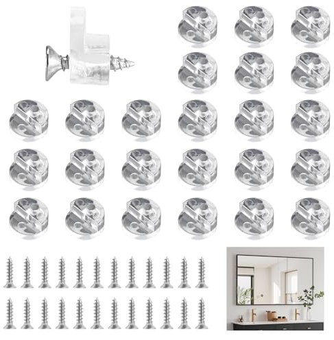 24 Pièces Clips de Support Ronds pour Verre, Diamètre 13 mm, Clips de Retenue en Miroir avec 24 Vis, Convient pour verre de 3 à 4 mm, Fenêtres, Miroirs (Transparent)