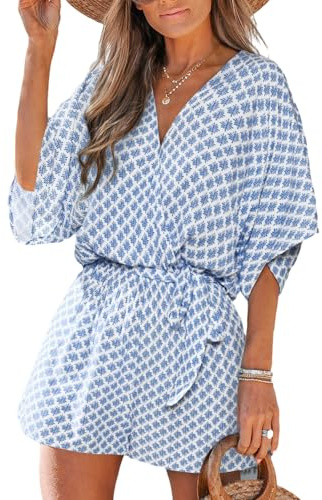 CUPSHE Damen Jumpsuit Wickeln Fledermausärmel Weites Bein Kurz Strampler | Lockere Passform, Elastische Taille, Leichtes Material, Zarter Print, Ideal für Urlaub, Strand und Freizeitlooks