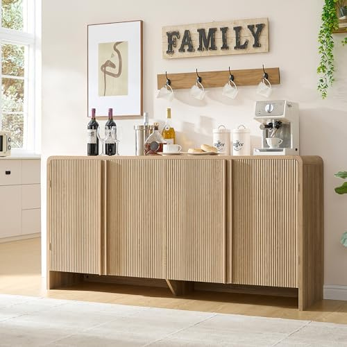 AMERLIFE 63 Fluted Sideboard Buffet Cabinet with Storage, Modern Credenza Console with 4 Doors & Adjustable Shelves, Wood Coffee Bar for Kitchen, Living Room, Hallway, Natural Oak