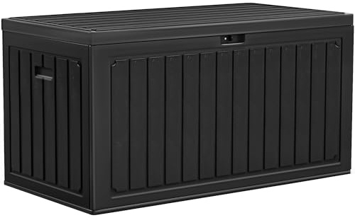 YITAHOME 303L Garden Outdoor Storage Box, HDPE Resin Deck Box with Lockable Lid & Side Handles, Waterproof Storage Bench for Patio Furniture, Cushions, Pool Gear & Garden Tools, Black