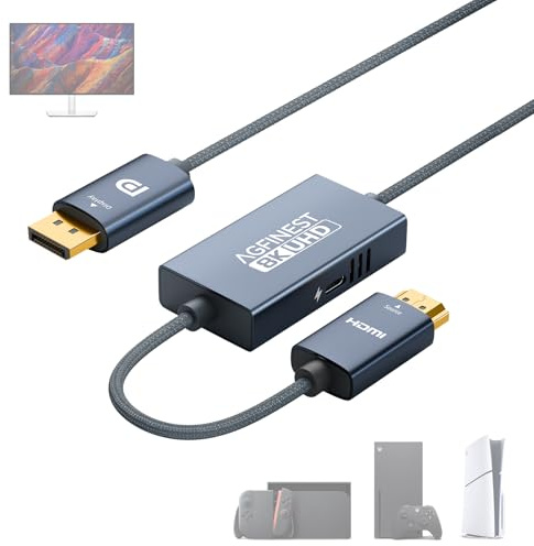 Aktives HDMI auf DisplayPort Kabel 2M - 8K@60Hz 4K@120 2K@240Hz, Unidirektional Von HDMI 2.1 Quelle zu DP1.4 Monitor, Unterstützt HDR VRR 10Bit, Kompatibel mit PS5 Xbox Swith Dock PC Laptop zu Monitor