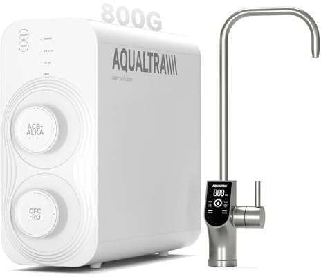 AQUALTRA USF-AR-800 Sistema de Ósmosis Inversa Debajo del Fregadero | RO Alcalino 10 Etapas Sin Depósito, NSF/ANSI/CAN372, 800GPD, Relación 3:1, Grifo LED Inteligente