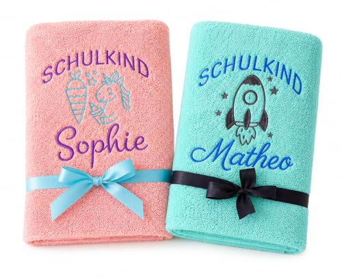 Personalisiertes Handtuch zur Einschulung mit Namen bestickt | Schulkind Handtuch aus 100% Baumwolle | Geschenk zum Schulanfang für Mädchen & Jungen | Verschiedene Motive, Farben & Größen