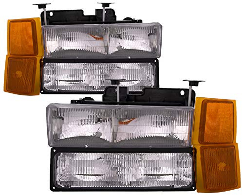 HEADLIGHTSDEPOT Chrome Halogen Headlights Compatible with Chevy Blazer C/K 1500 2500 3500 Suburban 1500 2500 3500 Tahoe Includes Driver and Passenger Side Headlamps 8PC Set with Corners Signal Lights
