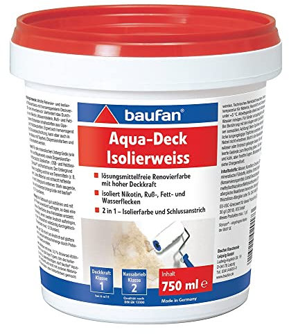 Baufan Renovierfarbe Aqua-Deck weiß 750 ml | lösungsmittelfrei | hohe Deckkraft | für innen | Glanzgrad stumpfmatt | 2 in 1 Isolierfarbe und Schlussanstrich