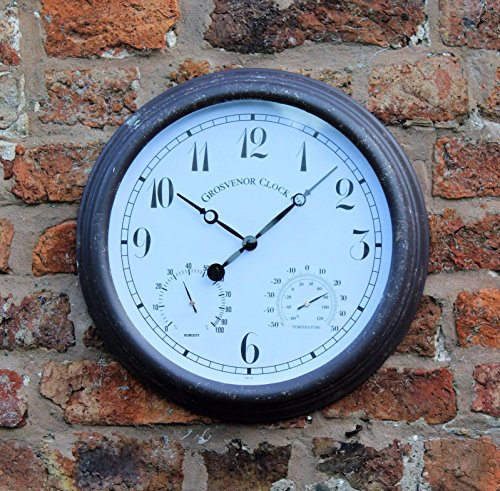 HH Home Hut Outdoor Garden Wall Clock Thermometer Humidity Slate Grey Colour