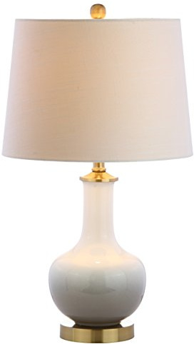 JONATHAN Y 25 White/Gray Gradient Ceramic Table Lamp, Brass Base LED Lamp for Bedside Nightstand Living Room, White Linen Drum Shade, Midcentury Decor (JYL3019B)