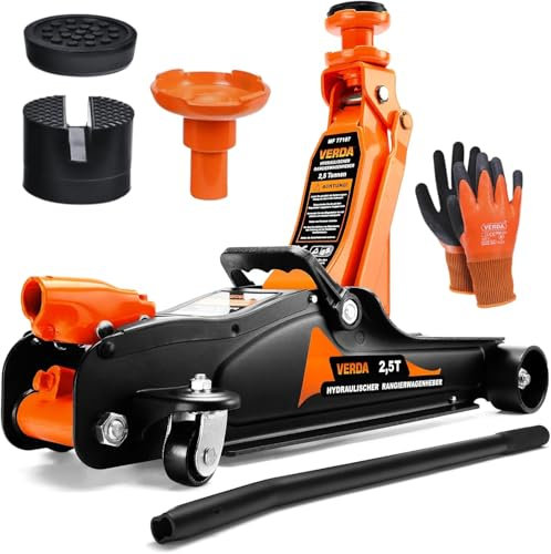 Hydraulischer Wagenheber 2,5T, 85-365 mm + 3X Gummi + Inklusive Arbeitshandschuhe, Autoheber hydraulischer Rangierwagenheber Heber PKW, Profi, Ständer, Flache, Wohnmobil, Geländewagen