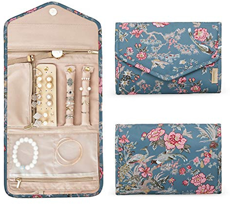 bagsmart Travel Jewellery Organiser, Foldable Jewelry Storage Roll Large Capacity Flat Jewellery Pouch for Rings, Necklaces, Bracelets, Earrings (Blue Flower Pattern)