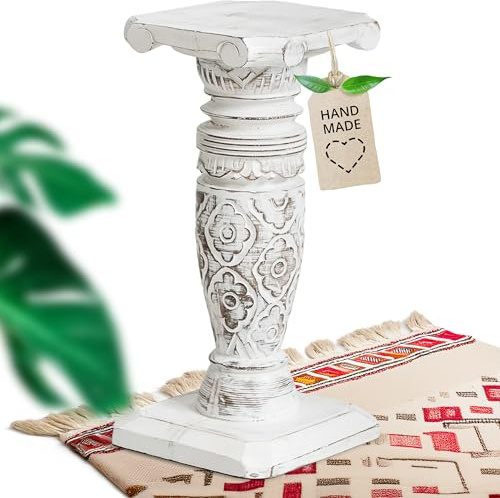 livasia edle Blumensäule Holz im Antik-Look – 40cm – Dekosäule aus Albiziaholz, Handgefertigt, Nachhaltig und Einzigartig aus Bali, Perfekt für Wohnzimmer, Flur oder Garten (Weiß)
