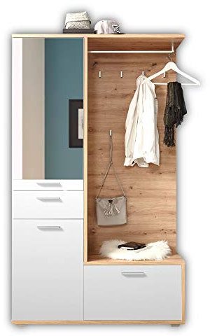 ENTRA Flurgarderoben Set in Artisan Eiche Optik, Weiß - Stylishe Kompaktgarderobe mit Spiegel für Ihren Eingangsbereich - 117 x 198 x 38 cm (B/H/T)