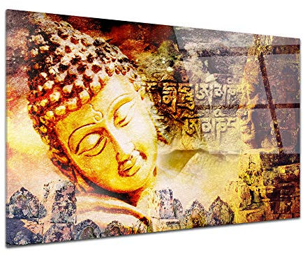 DECLINA Tableau Plexiglas Le Temple DE Bouddha Jaune - Impression Verre Acrylique Zen - Décoration Murale pour déco Maison, Cuisine, Salon, Chambre, Bureau - 50x30 cm