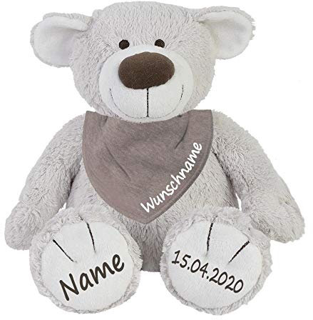 Elefantasie Stofftier Teddy Bär zartgrau und Baby Halstuch im Set mit Namen personalisiert grau