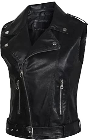 ORANDESIGNE Chaqueta de Cuero sin Mangas para Mujer Chaleco de Cuero PU Negro Solapa 2 Bolsillos con Cremallera Estilo Motero Moda Casual A Negro 3XL