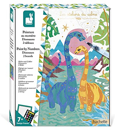Janod - Malen-nach-Zahlen-Set Dinosaurier – 2 Bildvorlagen zum Ausmalen – „Les Ateliers du Calme“ – Bastelset für Kinder – Ab 7 Jahren, J07982