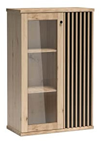Marmex Cali 03 Moderne Vitrine mit Lamellen - mit Schwarzem Hintergrund - Glasvitrine für Esszimmer oder Wohnzimmer Vitrinenschrank - Eiche Artisan + Schwarz Matt + Lamellen - 86,4x131,9x40,6