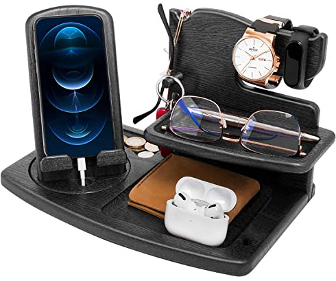 Geschenke für Männer Weihnachten Holz Telefon Dockingstation Uhren Geldbörsen Nachttisch Organizer Geburtstag Geschenk Papa, Geburtstagsgeschenke für Männer oder Vater Schreibtisch Organizer Holz