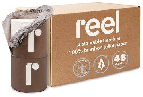 Reel Premium Bamboo Toilet Paper - 2 Pack - 48 Rolls of Toilet Paper - 3-Ply Made from Tree-Free, 100% Bamboo Fibers - Eco-Friendly Zero Plastic Packaging