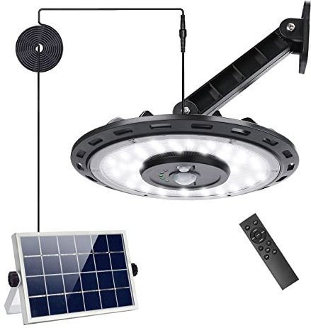 Solarlampen für Außen Innen mit Fernbedienung, 108 LED Garten Led Leuchten Solar mit Bewegungsmelder, IP65 Wasserdichte Outdoor Lampe Hängend mit 5 m Langem Kabel für Garage, Hof, Treppen, Terrasse