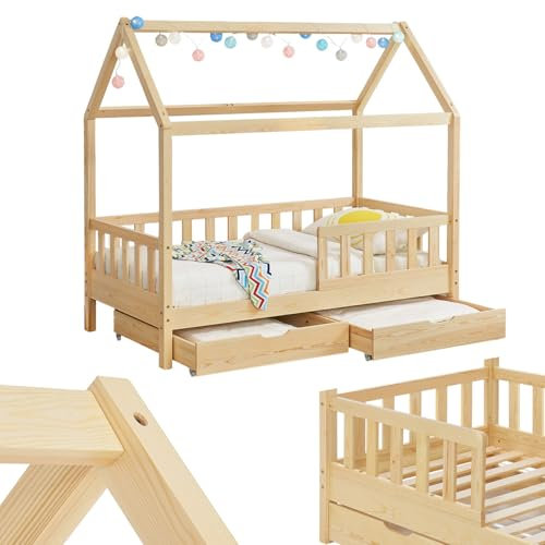 Juskys Kinderbett Marli 90 x 200 cm mit Bettkasten 2-teilig, Rausfallschutz, Lattenrost & Dach - Massivholz Hausbett für Kinder - Bett in Natur