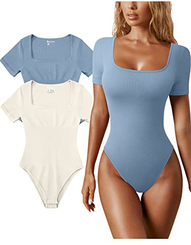 OQQ 2 Pièces Bodys pour Femme Col Carré Manche Courte Body Basique Côtelé Sans Couture Bodysuit