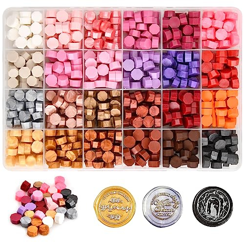 600 Stück Siegelwachs Perlen Set, Siegelstempel Achteckige, 24 Farben Wachssiegelperlen Kit mit Aufbewahrungsbox für Briefe Hochzeitseinladungen Karten DIY (B)